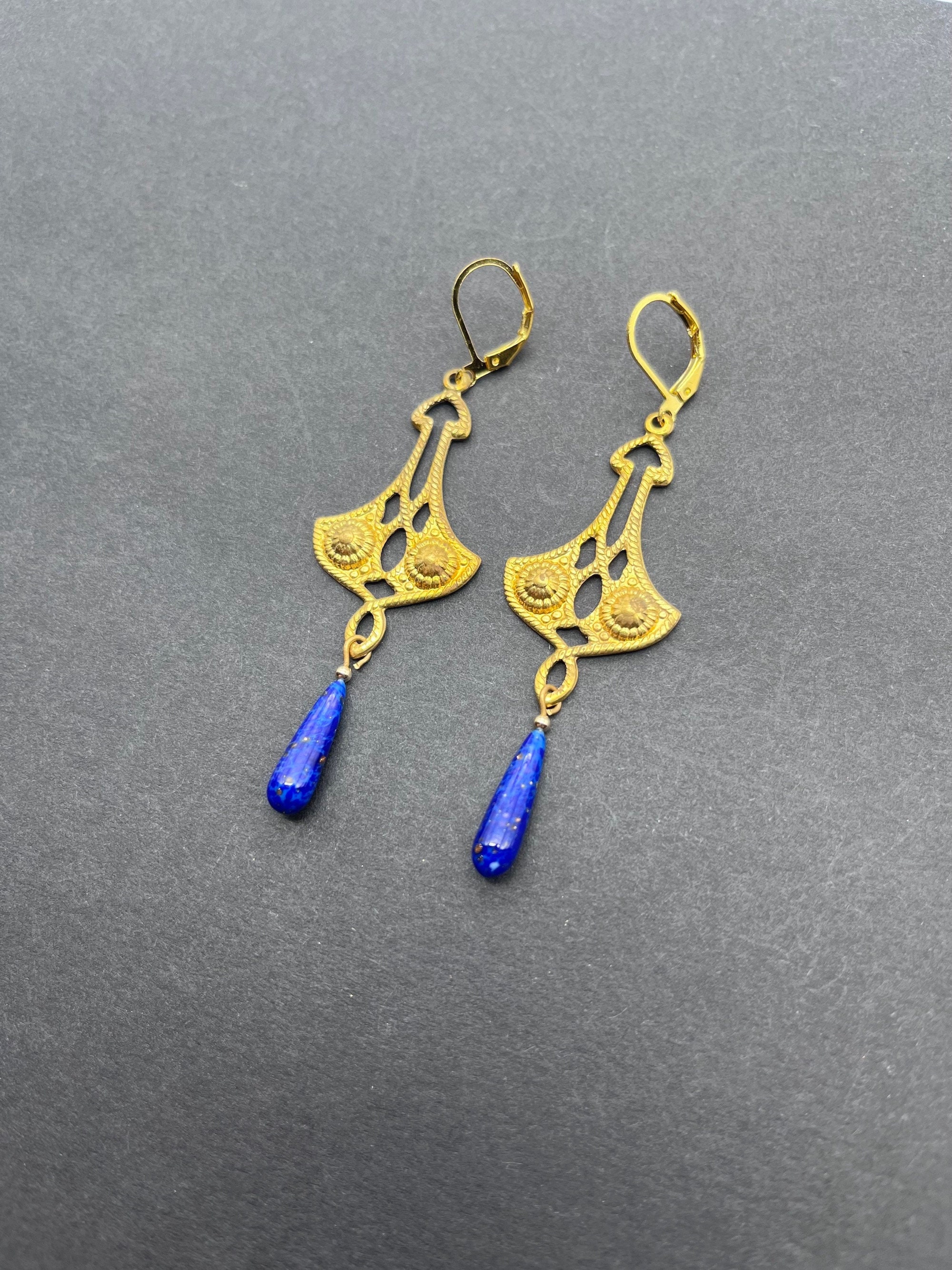 Boucles D'oreilles Anciennes Plaqué Or Fleur Champagne Bakélite - Style Art Déco, Occasion