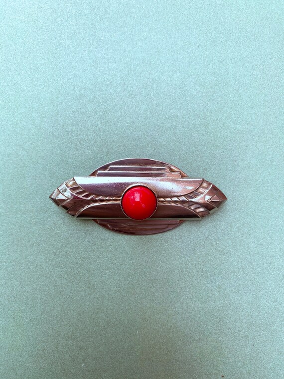 Broche Ancienne En Verre Rouge Style Art Déco - Bijou Vintage Occasion, Sans Marque