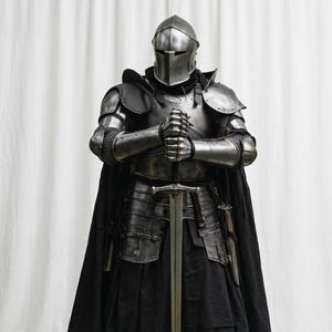 Op de afbeelding: Een volledig middeleeuws harnas, inclusief helm, borstplaat en beenbescherming. Het harnas heeft een donkere, metallic kleur en de figuur houdt een lang zwaard vast. Een zwarte cape en rok maken het ensemble compleet.
