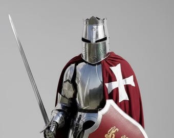 Set di armatura da cavaliere medievale fatto a mano, scudo da crociato rosso, tuta completa indossabile