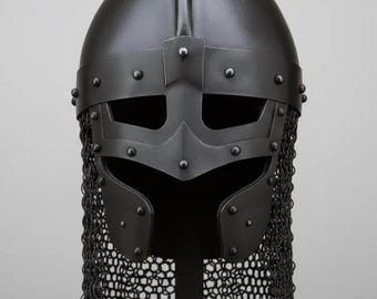 Handcrafted Black Steel Medieval  Helmet  Knight Helmet | Crusader Chainmail Helm , LARP Cosplay | Knigght Armor