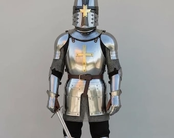 Set di armatura da cavaliere crociato in acciaio fatto a mano, cosplay medievale, rievocazione LARP