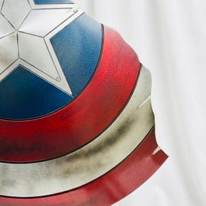 以下が含まれることがあります： キャプテン・アメリカのシールドの部分的なビュー。シールドは、青い背景に白い星、赤と白のストライプが特徴です。シールドは、使い古された、風化した外観をしています。