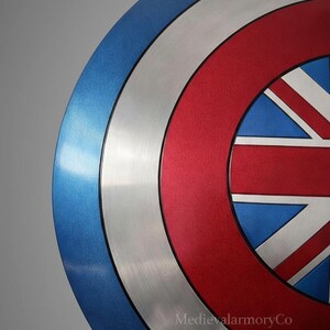 Op de afbeelding: Een close-up van een schild met een blauw, zilver en rood kleurenschema. Het schild heeft een Union Jack-ontwerp in het midden, met een blauwe buitenring, een zilveren middenring en een rode binnenring.