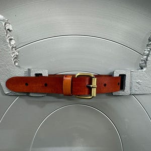 May include: A brown leather belt with a brass-toned metal buckle threaded through two silver-colored metallic brackets attached to a large, circular, smooth silver-gray shield with concentric circular grooves and textured edges.