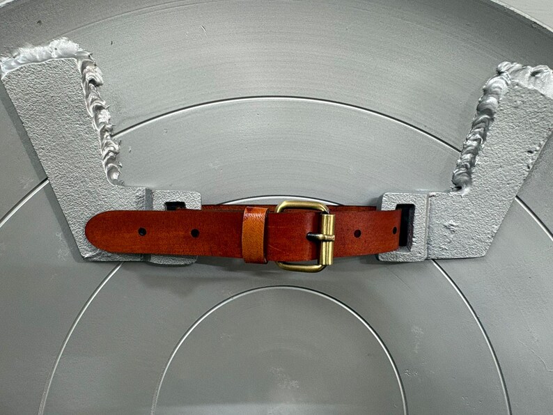 May include: A brown leather belt with a brass-toned metal buckle threaded through two silver-colored metallic brackets attached to a large, circular, smooth silver-gray shield with concentric circular grooves and textured edges.