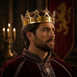 Peut inclure: Une couronne en or métallique avec des arches pointues et des fleurons sphériques, portée par une personne aux cheveux foncés et à la barbe. La couronne présente une finition polie et une bande structurée, reposant sur la tête.