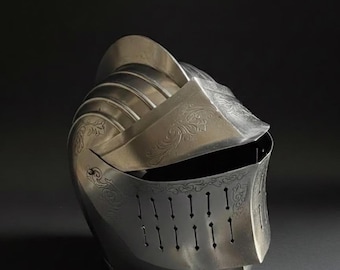 Hand Engraved Steel Knight Helmet | Gothic Visor Medieval Armor | Handmade LARP Costume Cosplay Helmet