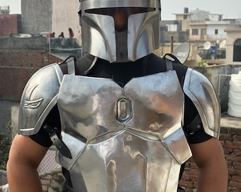 Set di armature d'élite in acciaio argentato mandaloriano / Armatura da combattimento da guerriero fantascientifico / Tuta da cosplay in metallo fatta a mano /