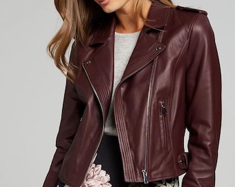 Chaqueta de cuero burdeos para mujer / Chaqueta de motociclista de piel de cordero suave / Chaqueta de motociclista ajustada hecha a mano