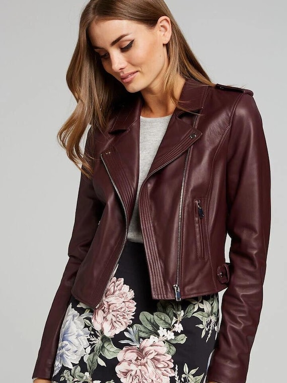 Women’s Leather Jacket Burgundy | Soft Lambskin Biker Motorcycle Coat | Handmade Slim Fit Moto Jacket