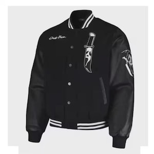 May include: Black varsity jacket with white accents and a Ghost Face theme. Features a Ghost Face knife graphic and the text "Ghost Face" in white. The jacket has black sleeves and a button-up front.