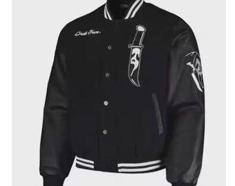 Chaqueta universitaria con cara de fantasma / Bomber de lana y cuero estilo urbano de terror / Prenda exterior espeluznante hecha a mano
