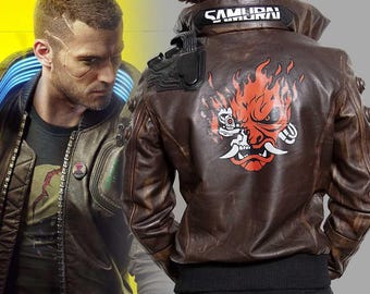 Chaqueta de cuero samurái de Cyberpunk 2077 – Chaqueta de cosplay V – Chaqueta de motociclista con logo samurái – Disfraz cyberpunk inspirado en el juego