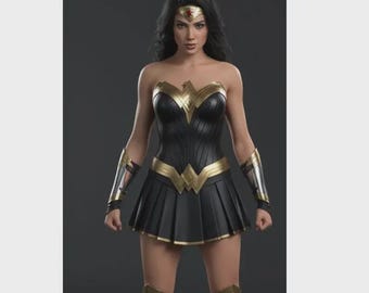 Armadura de Mujer Maravilla de cuero negro y dorado hecha a mano: disfraz de superhéroe premium para cosplay