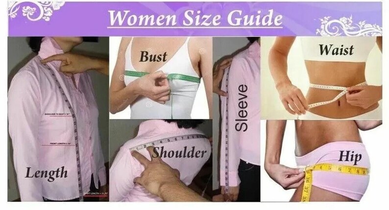 Pu&ograve; includere: Immagine di una 'Guida alle taglie da donna' che mostra come misurare varie parti del corpo. Include illustrazioni per le misure di busto, manica, spalla, vita e fianchi. L'immagine ha uno schema di colori viola e bianco.