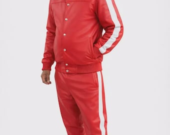 Chándal de cuero rojo para hombre: conjunto de dos piezas de cuero genuino / Conjunto de ropa urbana de lujo hecho a mano