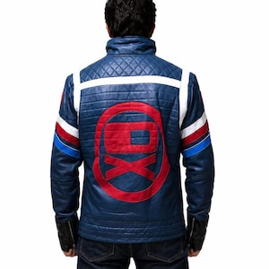 May include: Blue leather jacket with a quilted pattern, white stripes, and a red and white graphic on the back. The jacket has a stand-up collar, zipper cuffs, and a red and blue stripe detail on the sleeves.