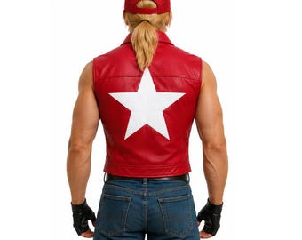 Chaleco de cosplay de Terry Bogard / Chaleco de cuero rojo de Fatal Fury / Chaqueta de King of Fighters / Traje de cosplay de anime / Chaqueta sin mangas personalizada