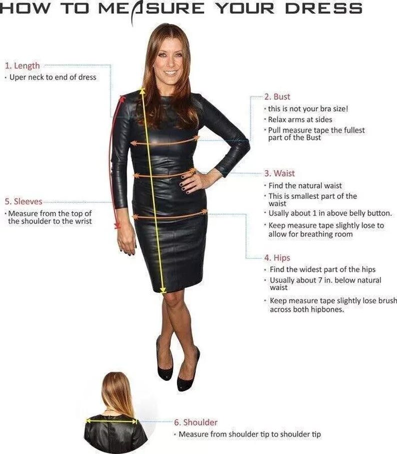 Pu&ograve; includere: Diagramma che illustra come misurare un vestito. L'immagine mostra una donna con un vestito nero con punti di misurazione etichettati: lunghezza, busto, vita, fianchi, maniche e spalle. Il testo spiega ogni misurazione.
