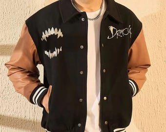Chaqueta universitaria de lana con bordado de Drácula negro / Chaqueta bomber gótica de estilo urbano / Abrigo personalizado de estilo terror
