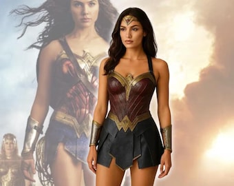 Disfraz de Mujer Maravilla de cuero hecho a mano: corsé, brazaletes, tiara y armadura de superhéroe.