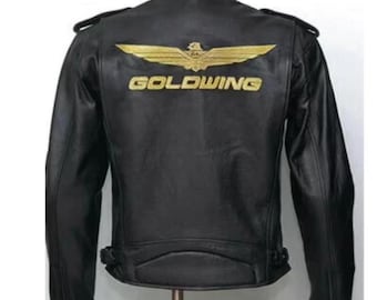 Chaqueta de motociclista Goldwing: chaqueta de motociclista de piel de vaca auténtica para hombre con logotipo bordado