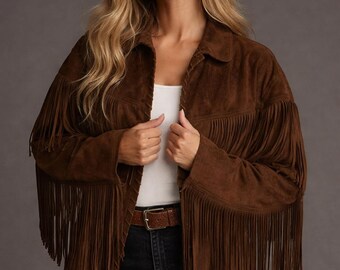 Chaqueta vintage de ante marrón con flecos de los años 70 / Estilo vaquera occidental hecha a mano