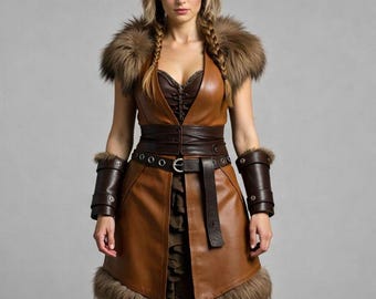 Disfraz vikingo de cuero hecho a mano: vestido de cosplay LARP con ribete de piel y brazaletes.