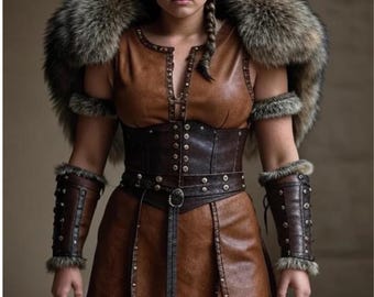 Disfraz vikingo de cuero hecho a mano: vestido y brazaletes para LARP con ribete de piel