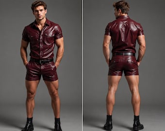 Conjunto de camisa y pantalón corto de piel de oveja burdeos para hombre. Conjunto de lujo de dos piezas, confeccionado a mano en piel de oveja auténtica.