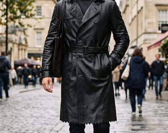 Schwarzer Herren-Ledermantel, mittellang, aus Lammleder, zweireihig, Wintermantel, klassisch, mit Gürtel, Gothic-Steampunk