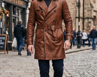 Herren-Trenchcoat aus braunem Lammleder, mittellang, schmal geschnitten, handgefertigter Premium-Ledermantel für Herren