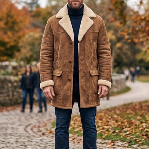 Könnte beinhalten: Ein beigefarbener Wildledermantel mit cremefarbenem Lammfellfutter, einem breiten Reverskragen und zwei Vordertaschen mit Klappen. Der Mantel wird über einem dunkelblauen Rollkragenpullover und einer dunkelblauen Jeans mit braunen Lederstiefeln getragen.