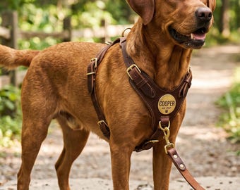 Maßgefertigtes Hundegeschirr und Leinen-Set aus Leder – Graviertes Namensschild, personalisierte Anti-Zug-Hundeweste – Handgefertigtes braunes Ledergeschirr