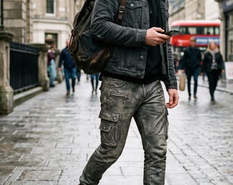 Herren Baggy-Pants aus ausgefranstem Leder | Echt-Lammleder-Lederhose Herren | Motorrad Hose | Streetwear-Cargo Taktische Hose