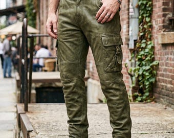 Distressed Grün-Leder Cargohose Herren | Lammleder Echtleder Cargohose | Slim-Fit Moto Bikerhose | Männer Hose im praktischen Y-Schnitt