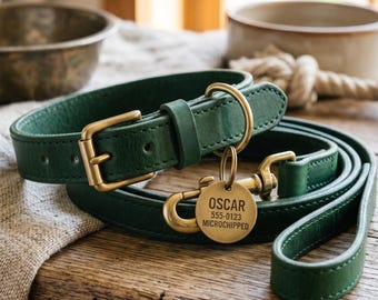 Echtleder Hundehalsband und Leinen Set mit Messing ID Tag
