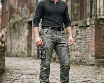 Herren Baggy-Pants aus ausgefranstem Leder | Echte-Lammfell Cargohose | Biker Motorrad-Utility-Hose | Vintage-Punk-Rock Streetwear