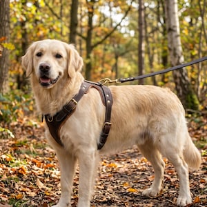 Könnte beinhalten: Ein goldener Retriever mit einem braunen Ledergeschirr und einer Leine steht in einem Wald mit Herbstlaub. Der Hund ist hellbraun und hat einen fröhlichen Gesichtsausdruck. Das Geschirr hat Messingbeschläge.