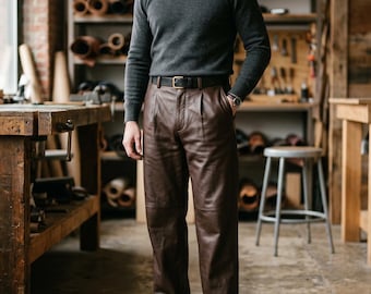Pantaloni da uomo in pelle di agnello marrone con pieghe, vestibilità comoda e gamba dritta.
