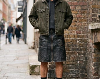 Jupe en cuir pour homme, aspect vieilli, agneau noir, style kilt, jupe utilitaire en cuir pour homme