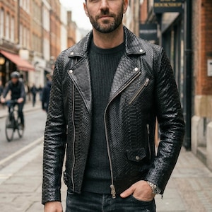Men’s Genuine Python-Skin Bomber-Jacket, Black Real-Snakeskin Leather-Biker, Exotic Skin-Jacket, Handmade Luxury-Streetwear, Gift-for-Him