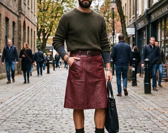 Jupe en cuir bordeaux pour homme, kilt en cuir d'agneau véritable pour homme, jupe en cuir bordeaux faite main, kilt utilitaire en cuir véritable sur mesure