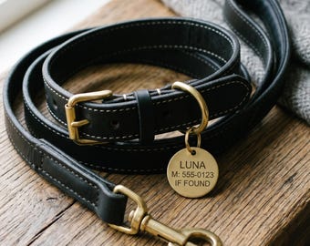 Hundehalsband und Leine aus schwarzem Leder, Messing-ID-Tag, strapazierfähiger Haustier-Ausrüstung