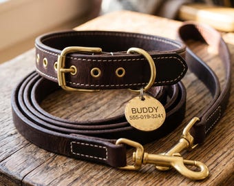 Dunkelbraunes Hundehalsband und Leinen Set aus Leder mit ID Tag aus Messing