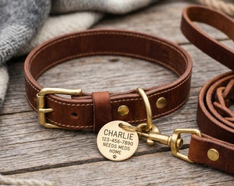 Handgefertigt Braun Leder Hundehalsband und Leine Set mit Messing ID Tag