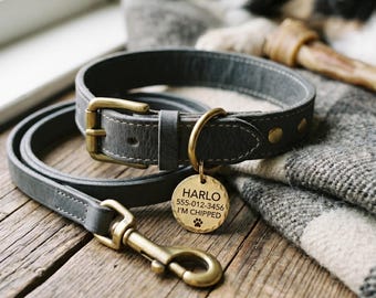 Graues Leder-Hundehalsband mit passender Leine und Messing-Anhänger | Personalisiertes Hundehalsband-Set, Luxus-Haustier-Geschenk, Klassisch-Grau
