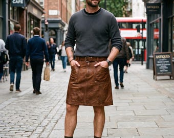 Herrenrock aus braunem Lammleder, Echtleder-Kilt für Herren, Arbeitsrock aus Echtleder, Maßgefertigte Lederbekleidung