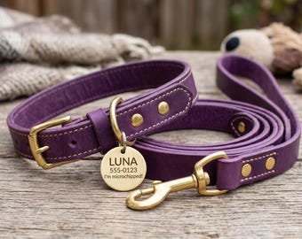 Lila Leder Hundehalsband und Leine Set mit Messing ID Tag, handgefertigtes Haustier Zubehör